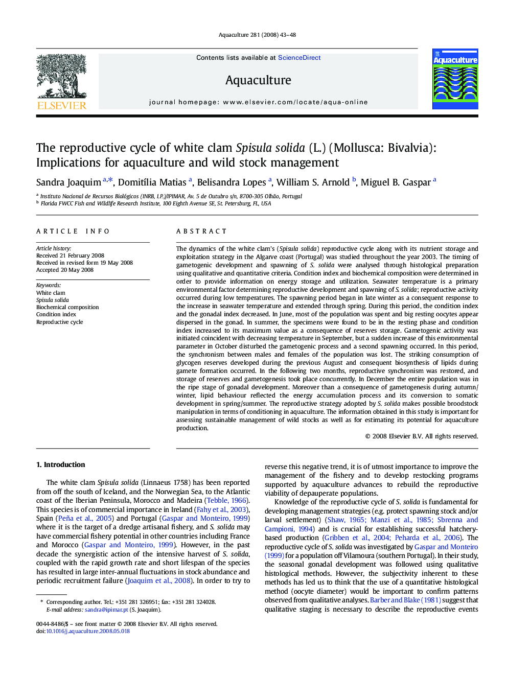 The reproductive cycle of white clam Spisula solida (L.) (Mollusca: Bivalvia): Implications for aquaculture and wild stock management