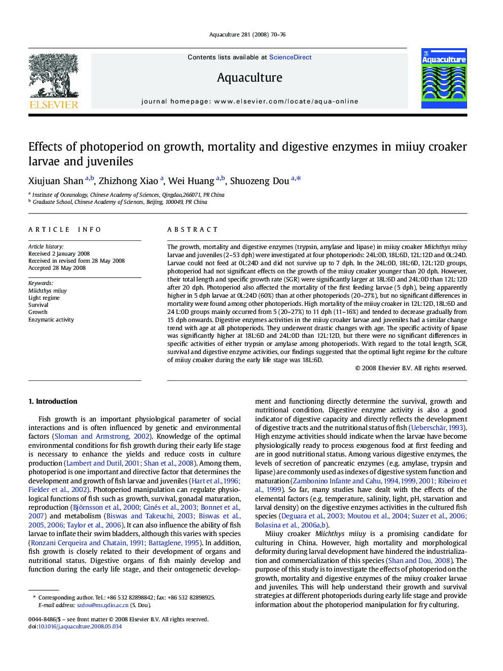 Effects of photoperiod on growth, mortality and digestive enzymes in miiuy croaker larvae and juveniles