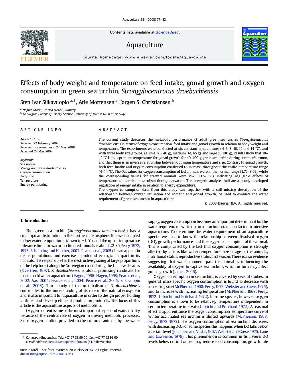 Effects of body weight and temperature on feed intake, gonad growth and oxygen consumption in green sea urchin, Strongylocentrotus droebachiensis