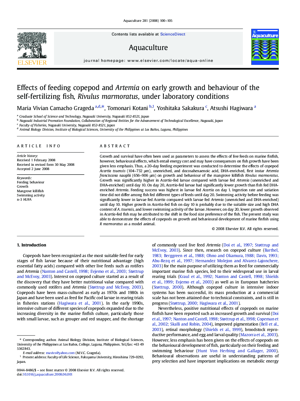 Effects of feeding copepod and Artemia on early growth and behaviour of the self-fertilizing fish, Rivulus marmoratus, under laboratory conditions