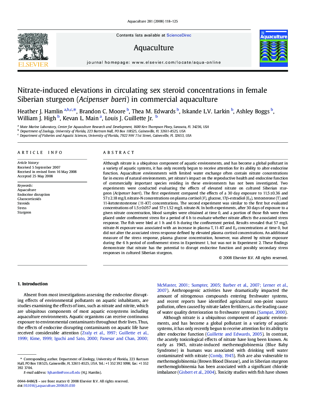 Nitrate-induced elevations in circulating sex steroid concentrations in female Siberian sturgeon (Acipenser baeri) in commercial aquaculture