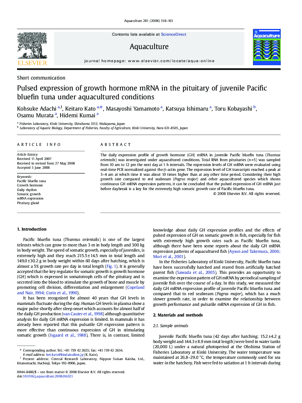 Pulsed expression of growth hormone mRNA in the pituitary of juvenile Pacific bluefin tuna under aquacultured conditions