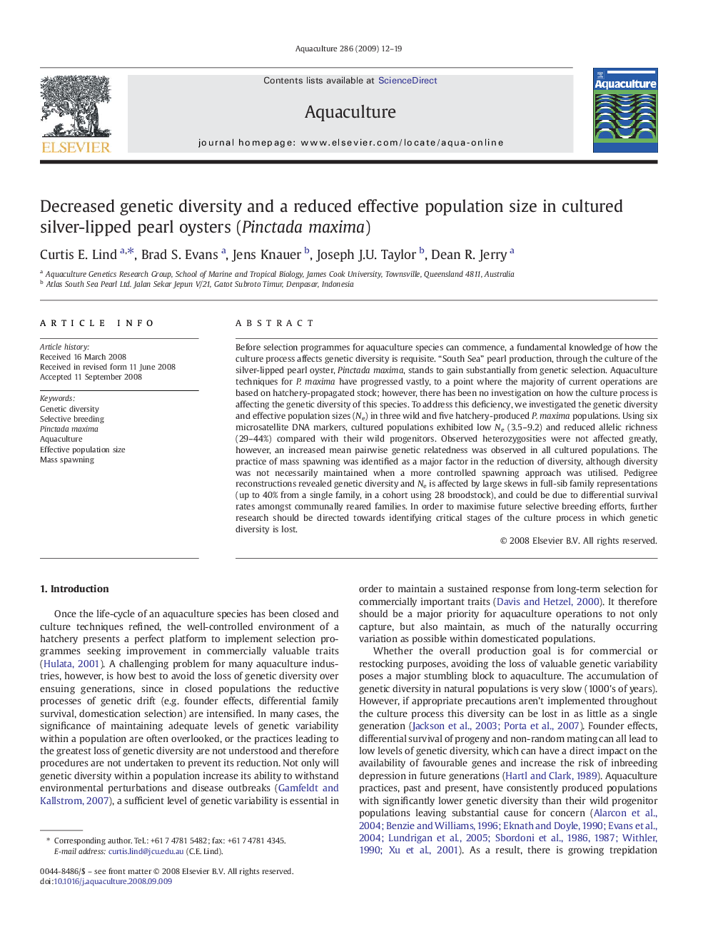 Decreased genetic diversity and a reduced effective population size in cultured silver-lipped pearl oysters (Pinctada maxima)