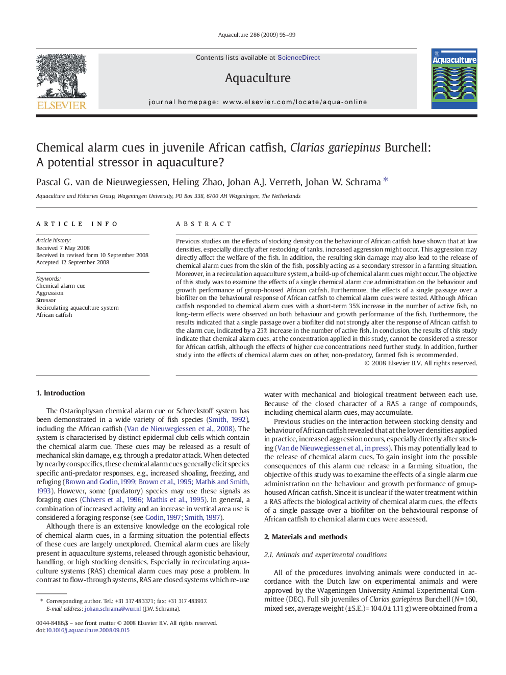 Chemical alarm cues in juvenile African catfish, Clarias gariepinus Burchell: A potential stressor in aquaculture?