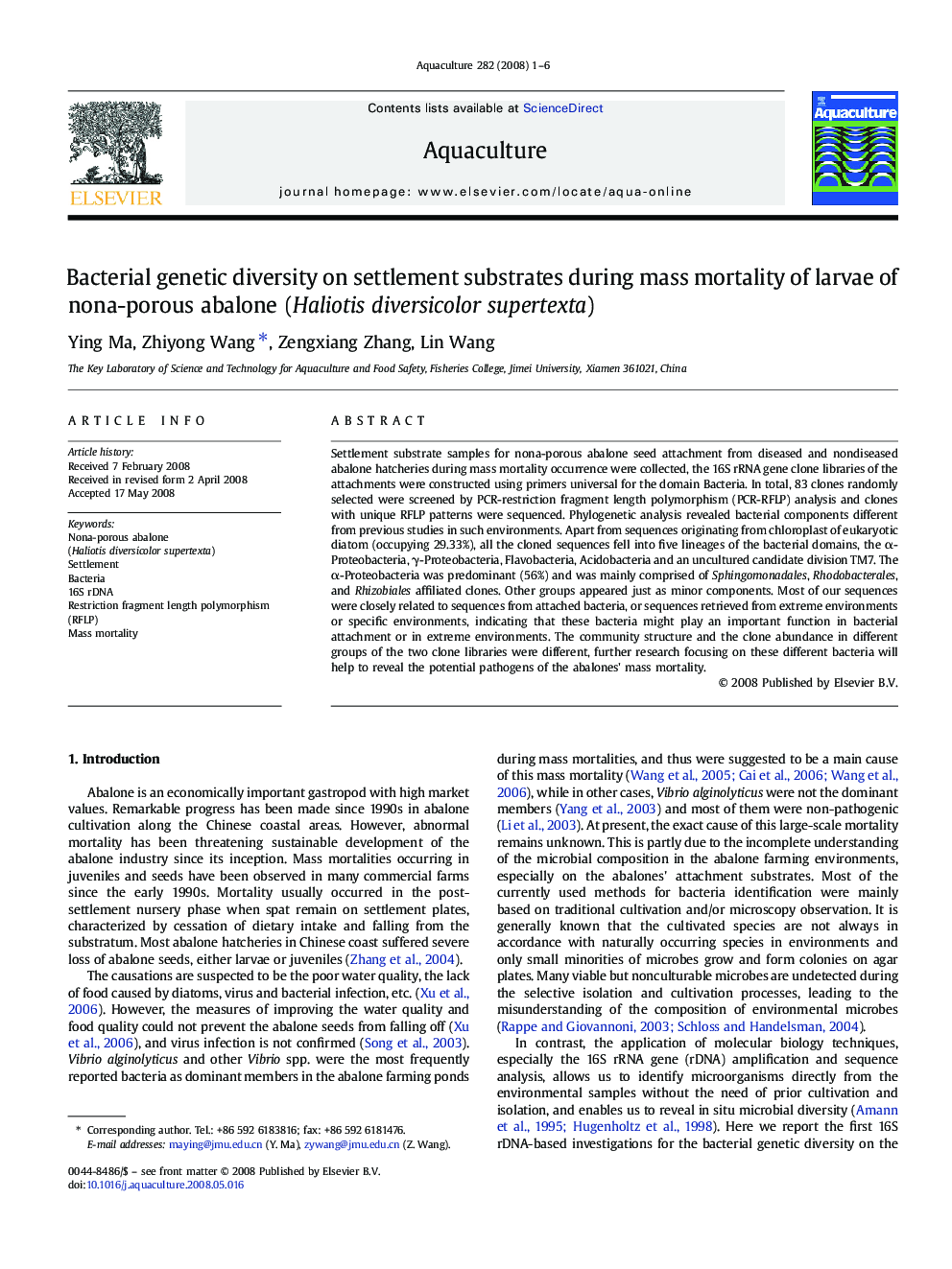 Bacterial genetic diversity on settlement substrates during mass mortality of larvae of nona-porous abalone (Haliotis diversicolor supertexta)