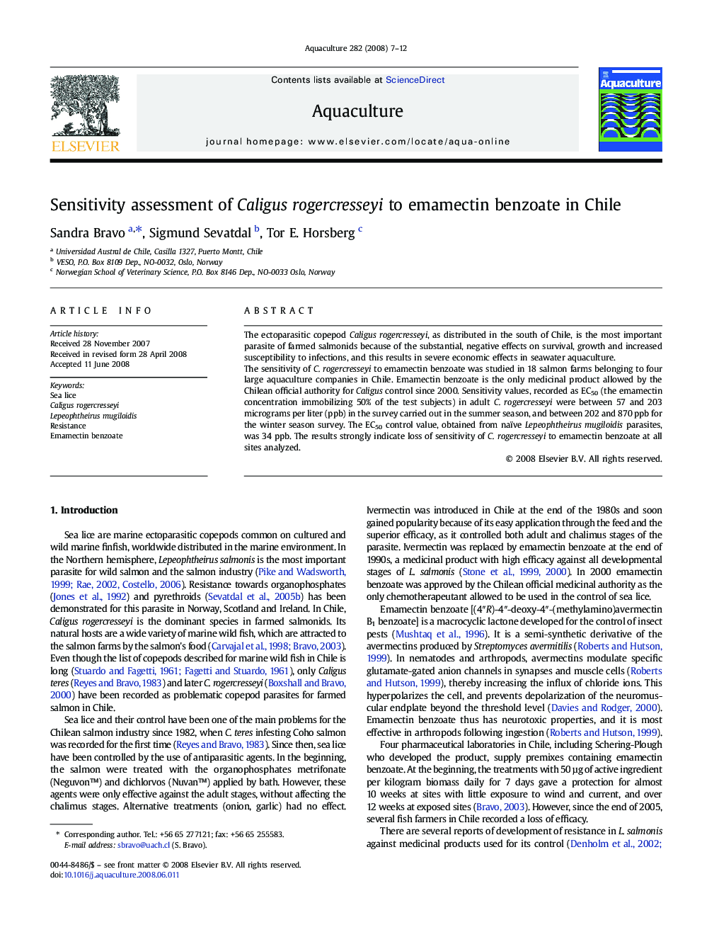 Sensitivity assessment of Caligus rogercresseyi to emamectin benzoate in Chile