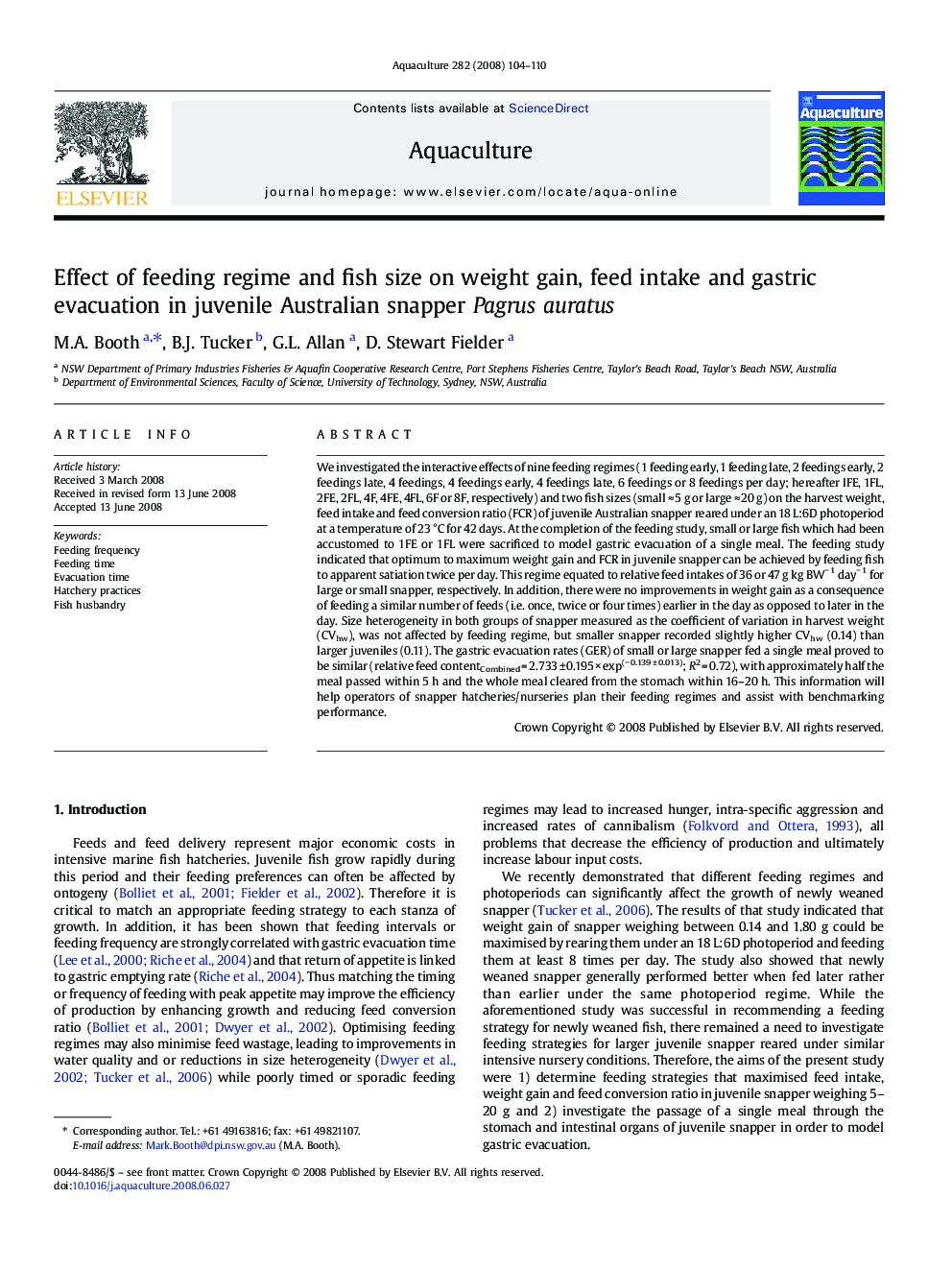 Effect of feeding regime and fish size on weight gain, feed intake and gastric evacuation in juvenile Australian snapper Pagrus auratus