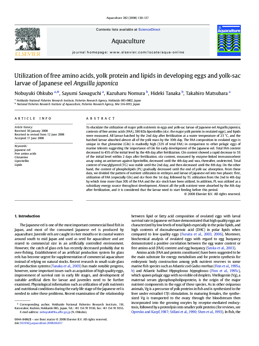 Utilization of free amino acids, yolk protein and lipids in developing eggs and yolk-sac larvae of Japanese eel Anguilla japonica