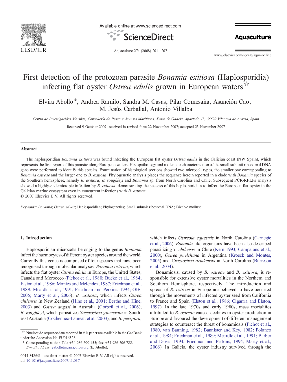 عکس صفحه اول مقاله: First detection of the protozoan parasite Bonamia exitiosa (Haplosporidia) infecting flat oyster Ostrea edulis grown in European waters First detection of the protozoan parasite Bonamia exitiosa (Haplosporidia) infecting flat oyster Ostrea edulis grown in European waters