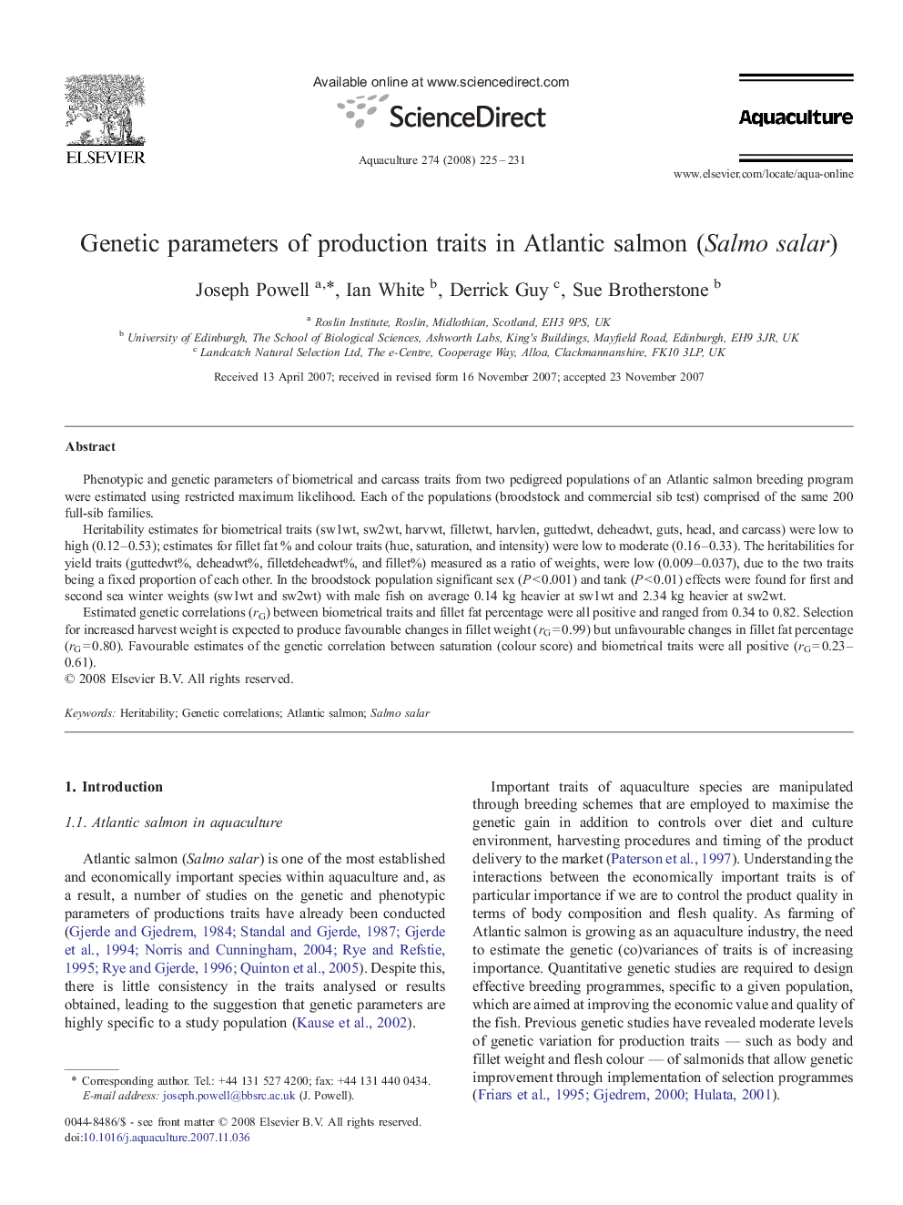 Genetic parameters of production traits in Atlantic salmon (Salmo salar)