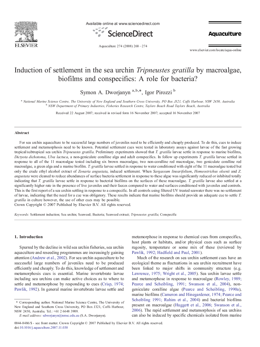 Induction of settlement in the sea urchin Tripneustes gratilla by macroalgae, biofilms and conspecifics: A role for bacteria?