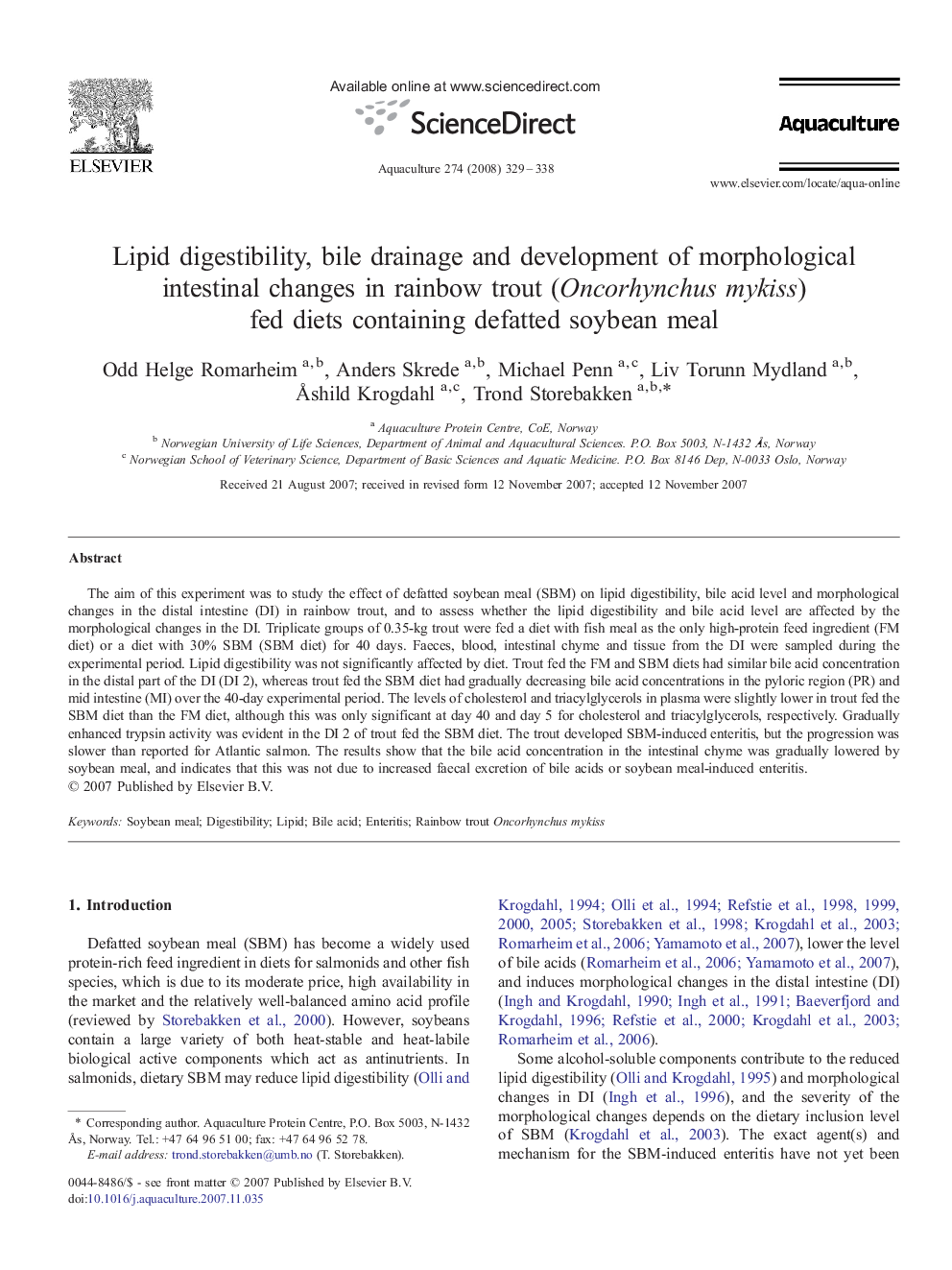 Lipid digestibility, bile drainage and development of morphological intestinal changes in rainbow trout (Oncorhynchus mykiss) fed diets containing defatted soybean meal