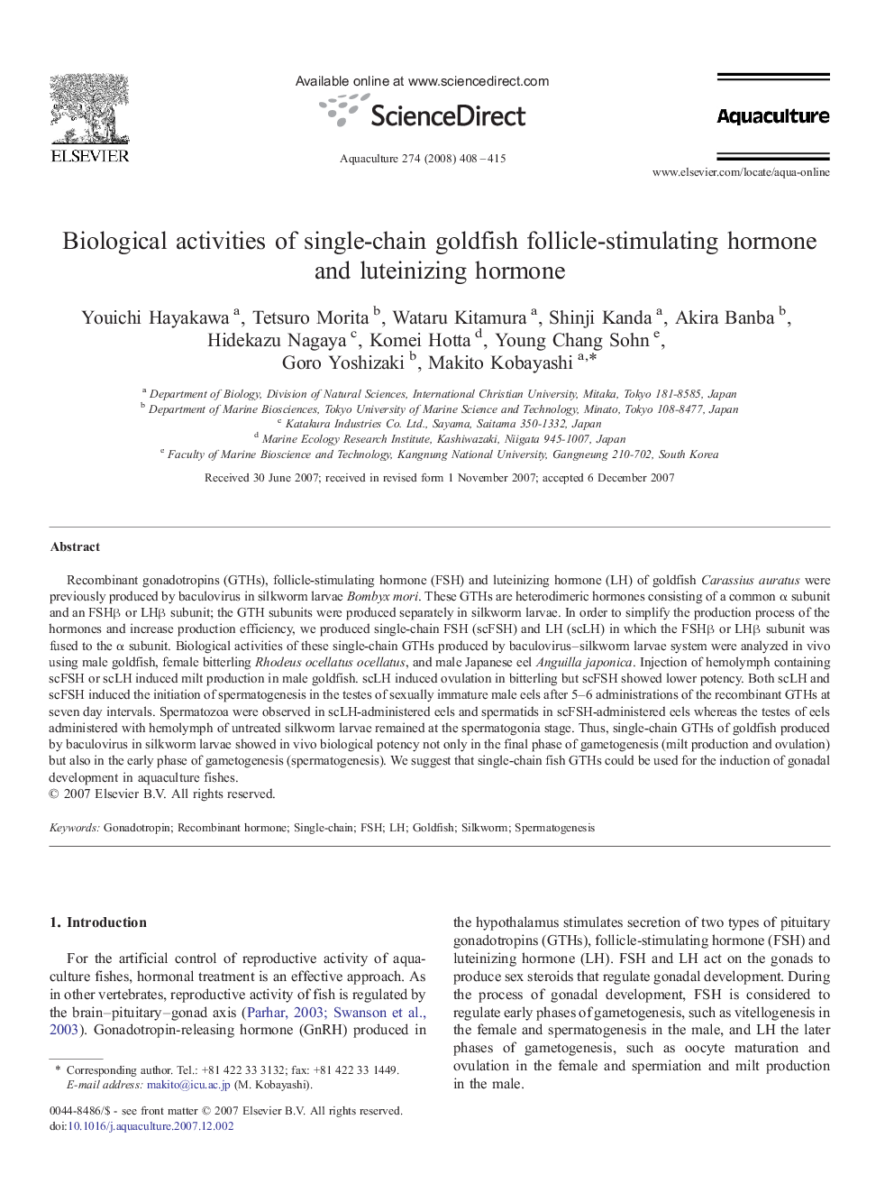 Biological activities of single-chain goldfish follicle-stimulating hormone and luteinizing hormone