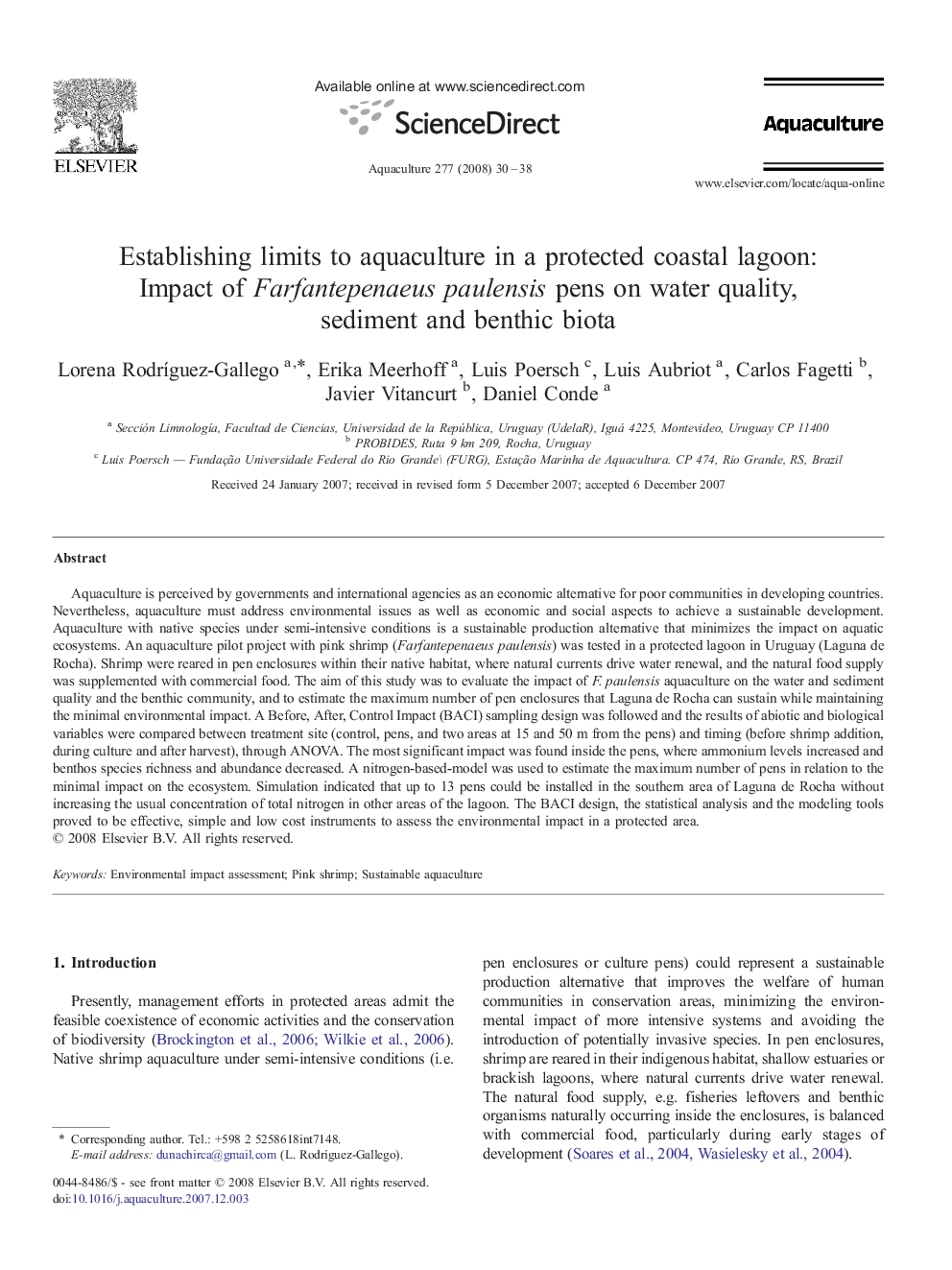 Establishing limits to aquaculture in a protected coastal lagoon: Impact of Farfantepenaeus paulensis pens on water quality, sediment and benthic biota