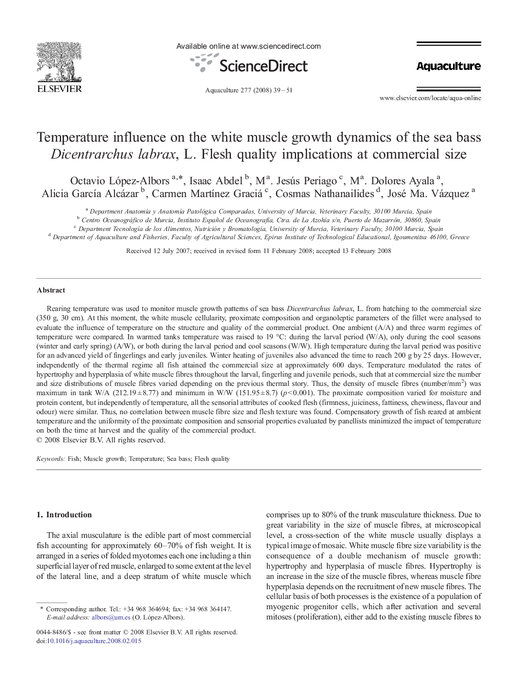 Temperature influence on the white muscle growth dynamics of the sea bass Dicentrarchus labrax, L. Flesh quality implications at commercial size