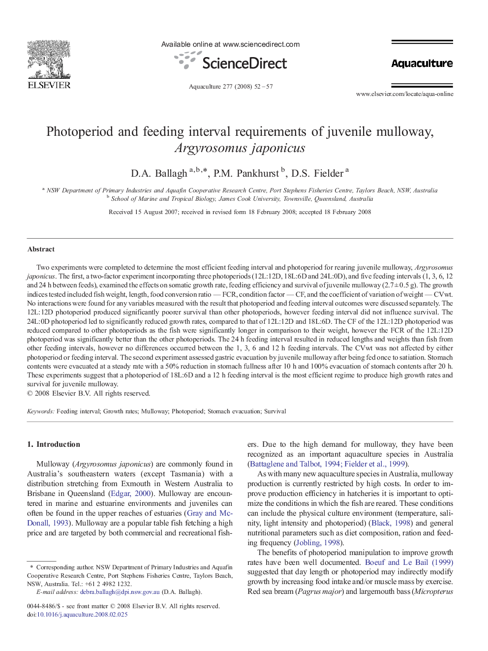 Photoperiod and feeding interval requirements of juvenile mulloway, Argyrosomus japonicus