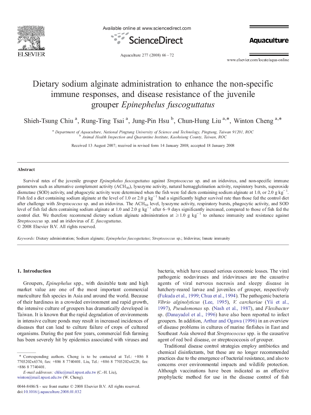 Dietary sodium alginate administration to enhance the non-specific immune responses, and disease resistance of the juvenile grouper Epinephelus fuscoguttatus