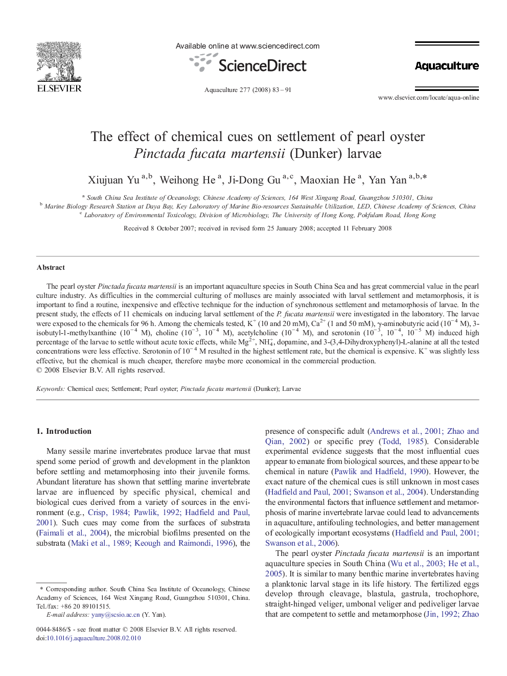 The effect of chemical cues on settlement of pearl oyster Pinctada fucata martensii (Dunker) larvae