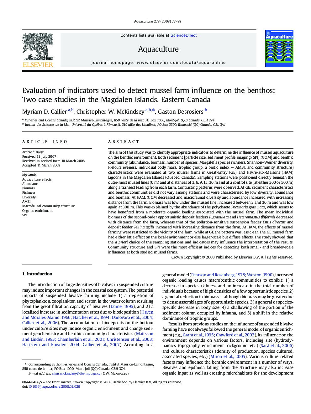 عکس صفحه اول مقاله: Evaluation of indicators used to detect mussel farm influence on the benthos: Two case studies in the Magdalen Islands, Eastern Canada Evaluation of indicators used to detect mussel farm influence on the benthos: Two case studies in the Magdalen Islands, Eastern Canada