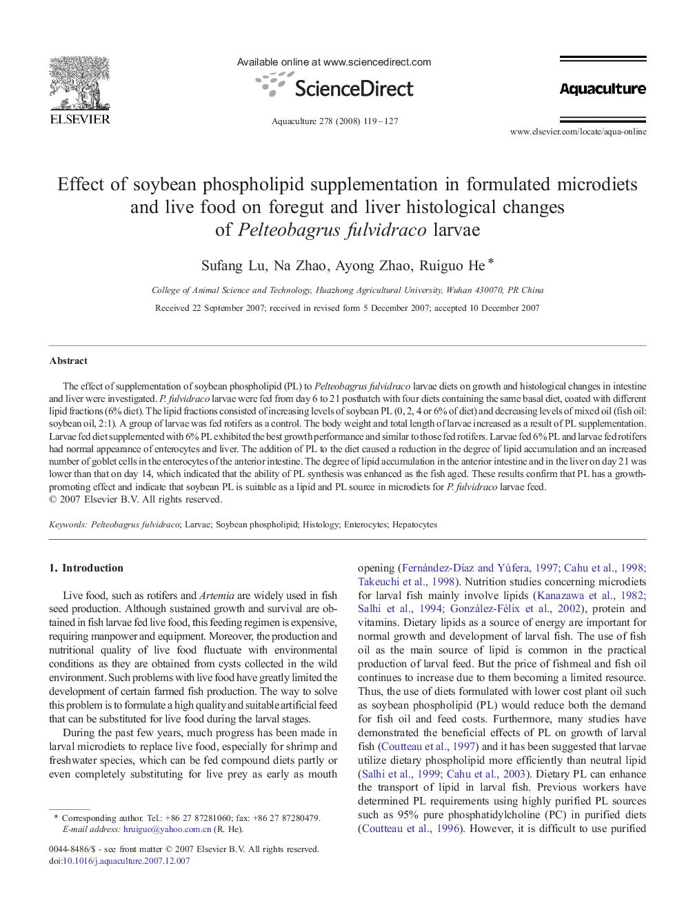 Effect of soybean phospholipid supplementation in formulated microdiets and live food on foregut and liver histological changes of Pelteobagrus fulvidraco larvae