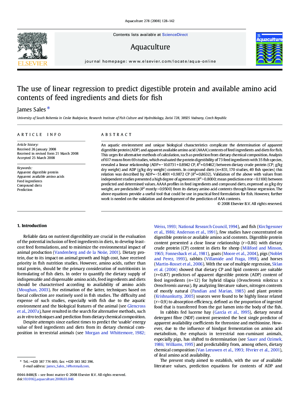 The use of linear regression to predict digestible protein and available amino acid contents of feed ingredients and diets for fish