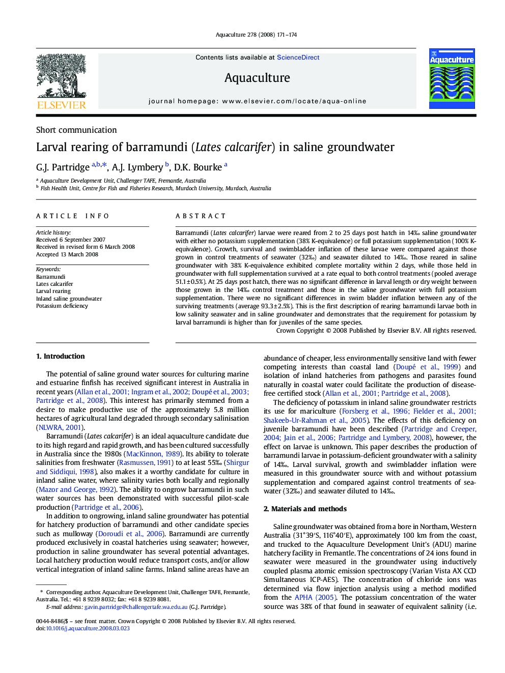 Larval rearing of barramundi (Lates calcarifer) in saline groundwater