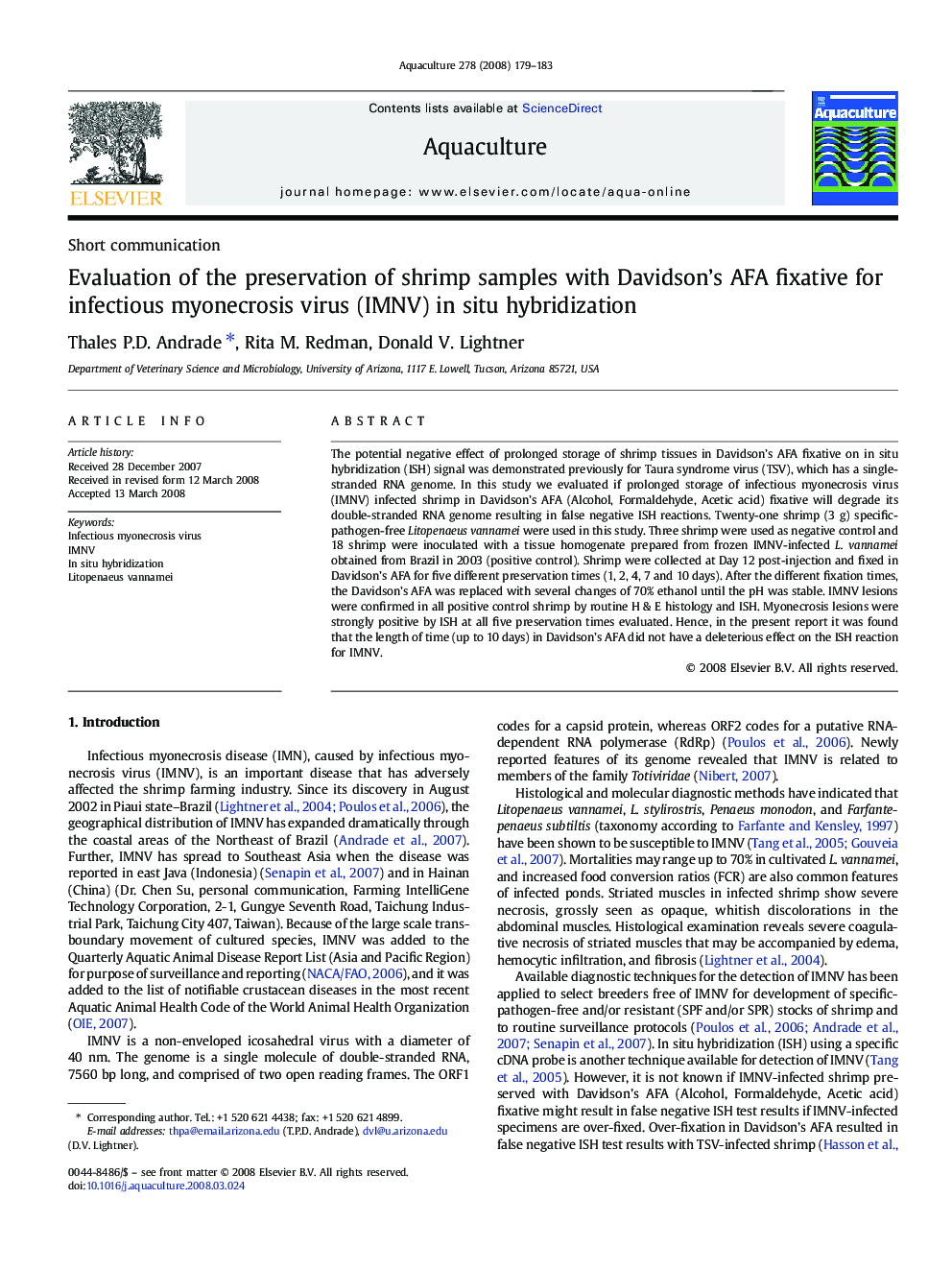 Evaluation of the preservation of shrimp samples with Davidson’s AFA fixative for infectious myonecrosis virus (IMNV) in situ hybridization