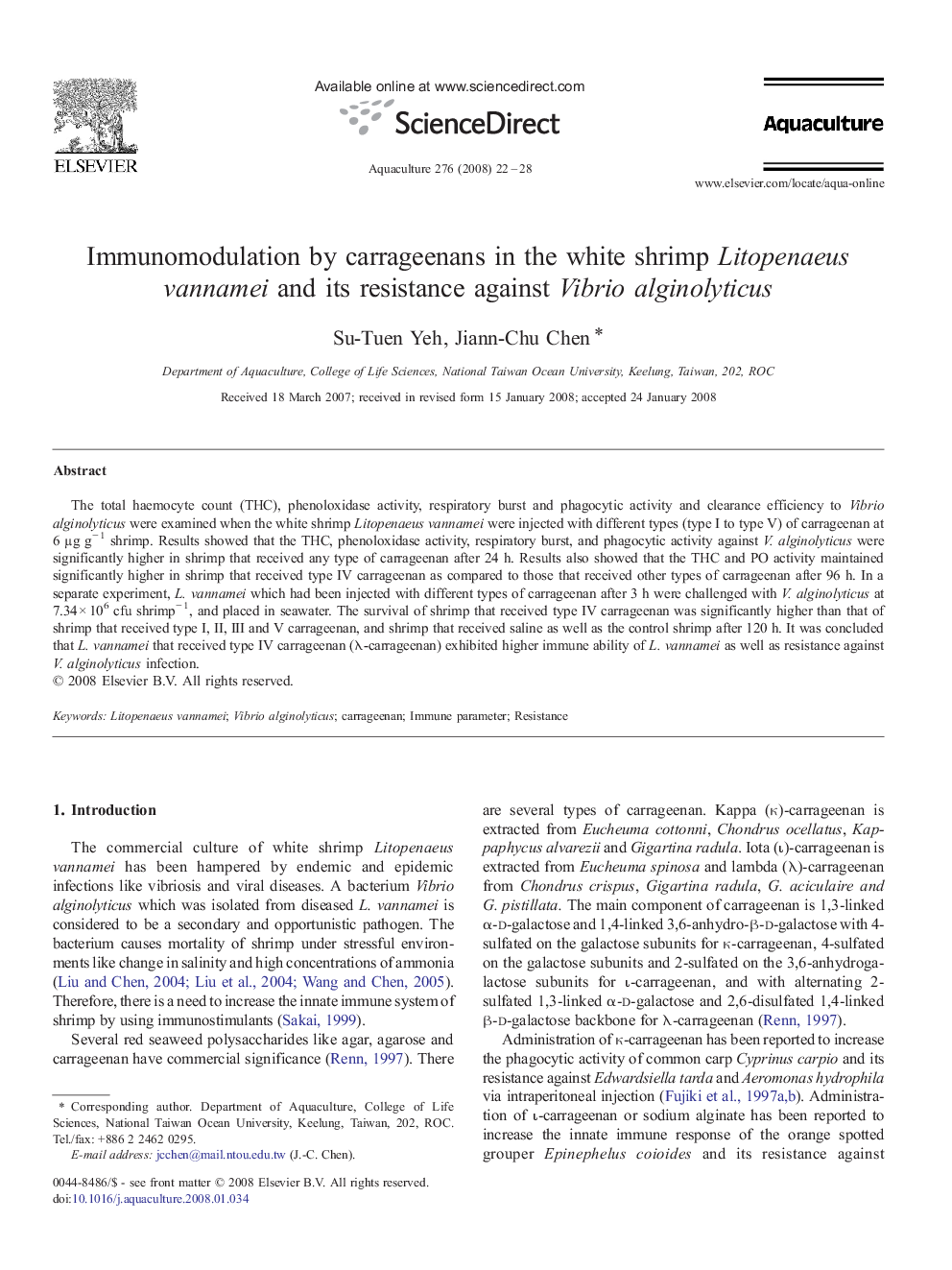 Immunomodulation by carrageenans in the white shrimp Litopenaeus vannamei and its resistance against Vibrio alginolyticus