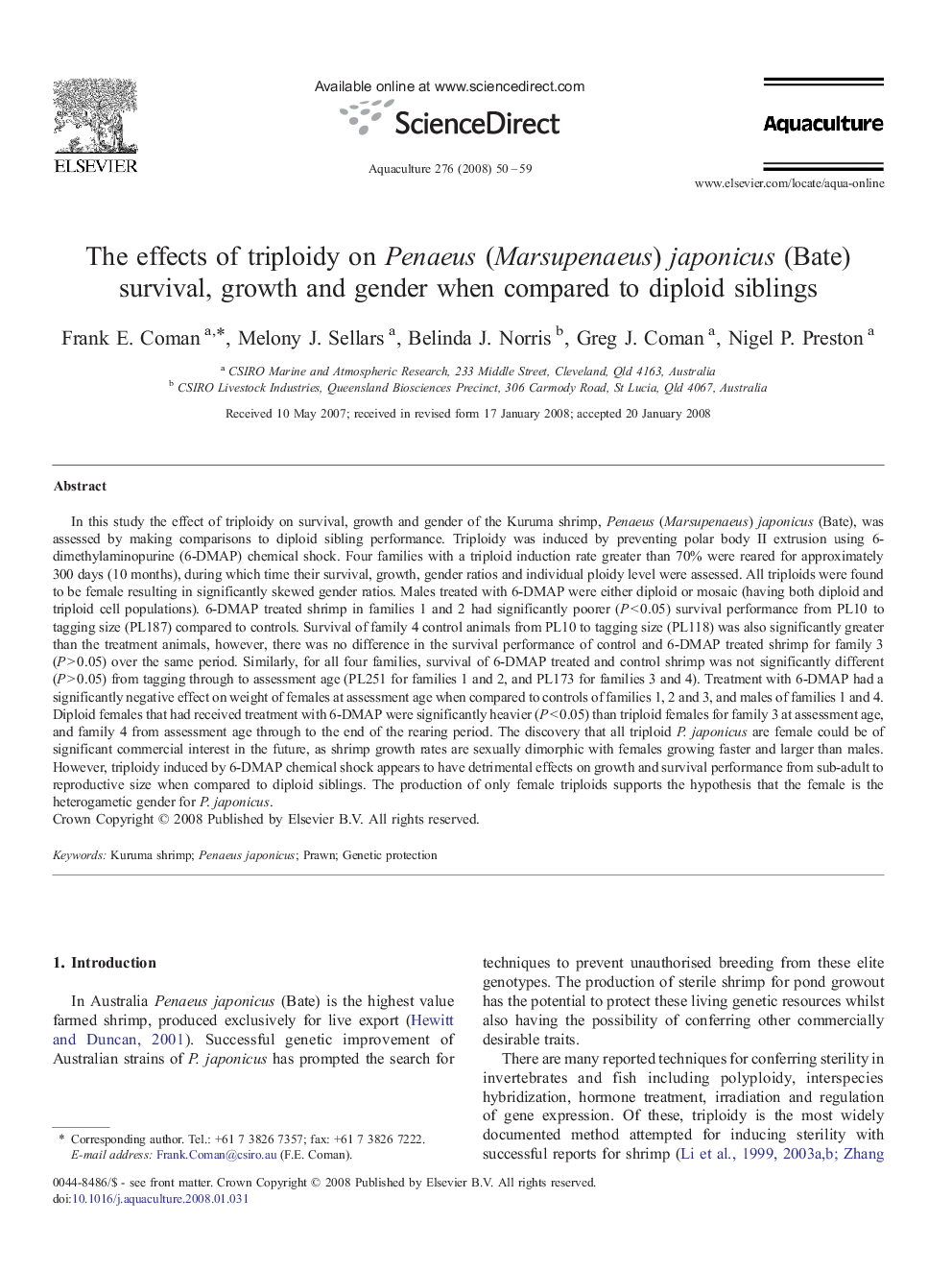 The effects of triploidy on Penaeus (Marsupenaeus) japonicus (Bate) survival, growth and gender when compared to diploid siblings