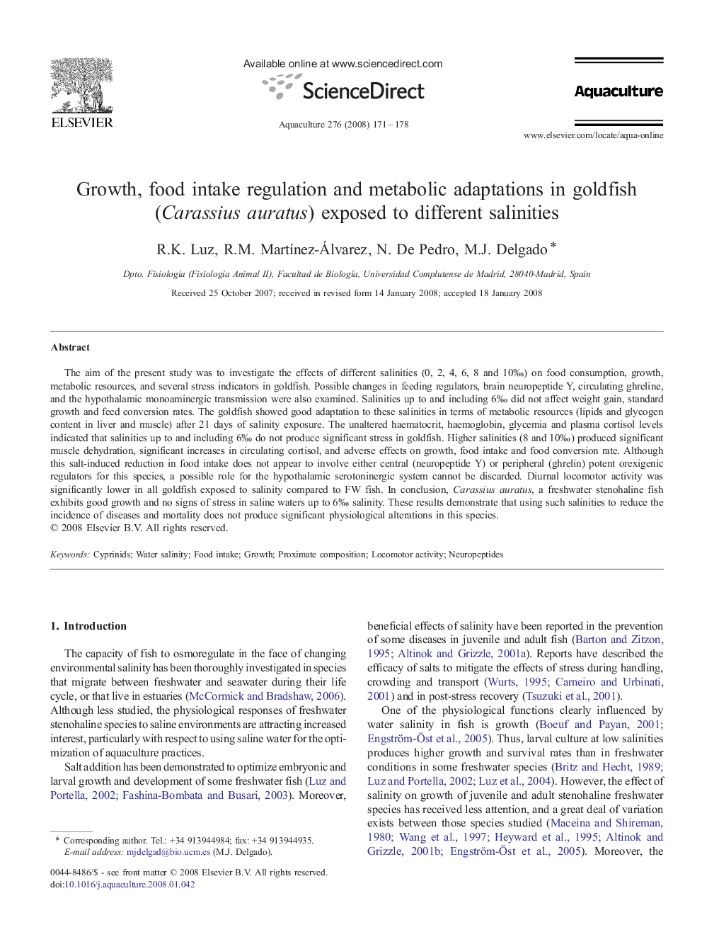 Growth, food intake regulation and metabolic adaptations in goldfish (Carassius auratus) exposed to different salinities