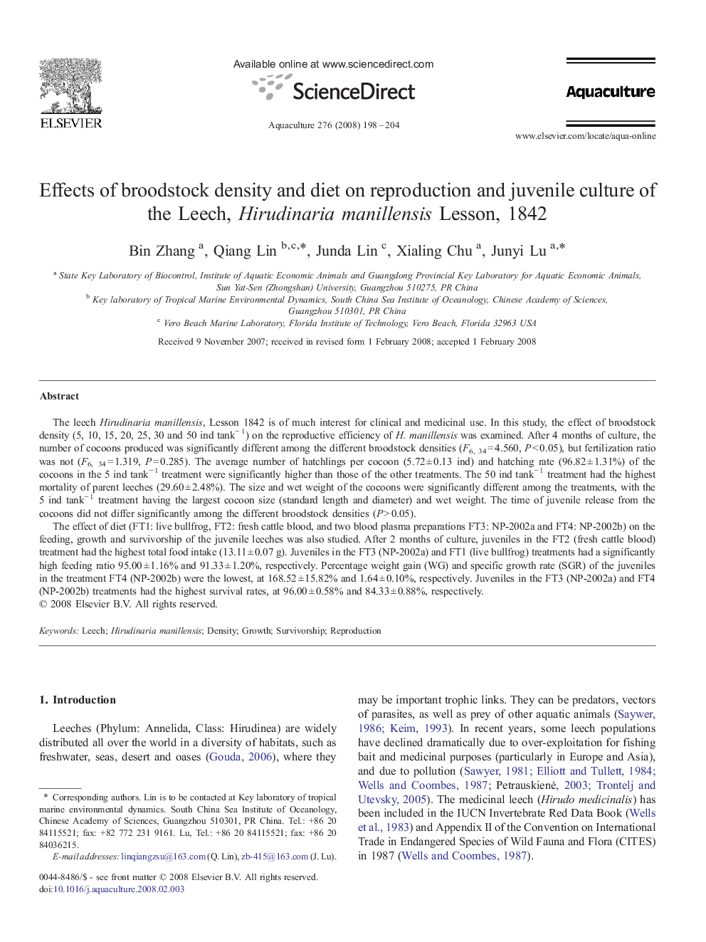 Effects of broodstock density and diet on reproduction and juvenile culture of the Leech, Hirudinaria manillensis Lesson, 1842