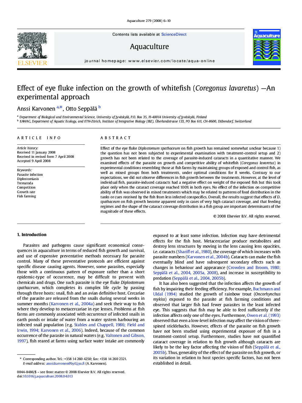 Effect of eye fluke infection on the growth of whitefish (Coregonus lavaretus) -An experimental approach