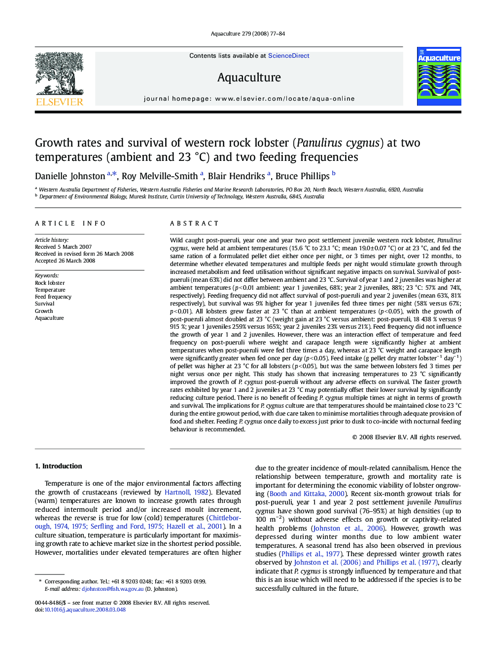 Growth rates and survival of western rock lobster (Panulirus cygnus) at two temperatures (ambient and 23 °C) and two feeding frequencies