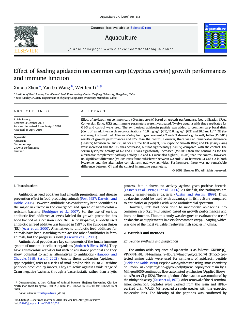 Effect of feeding apidaecin on common carp (Cyprinus carpio) growth performances and immune function