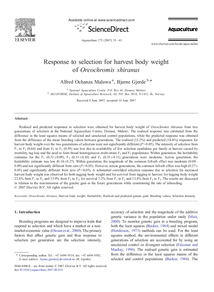 Response to selection for harvest body weight of Oreochromis shiranus