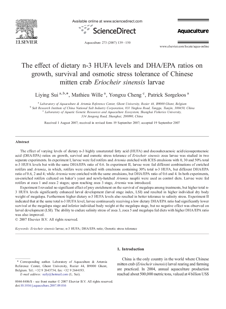 The effect of dietary n-3 HUFA levels and DHA/EPA ratios on growth, survival and osmotic stress tolerance of Chinese mitten crab Eriocheir sinensis larvae