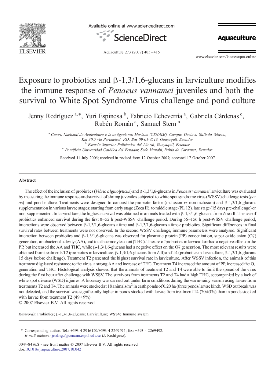 Exposure to probiotics and β-1,3/1,6-glucans in larviculture modifies the immune response of Penaeus vannamei juveniles and both the survival to White Spot Syndrome Virus challenge and pond culture