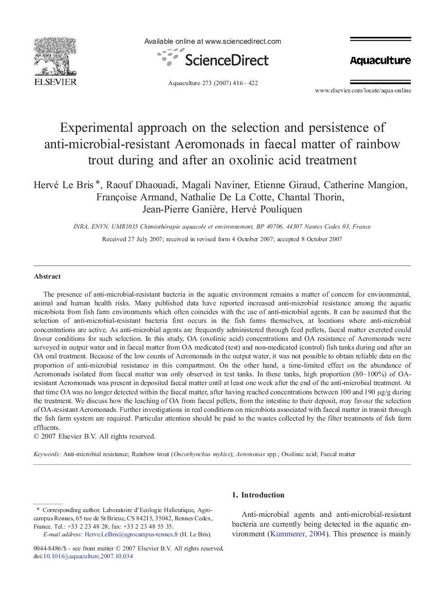 Experimental approach on the selection and persistence of anti-microbial-resistant Aeromonads in faecal matter of rainbow trout during and after an oxolinic acid treatment