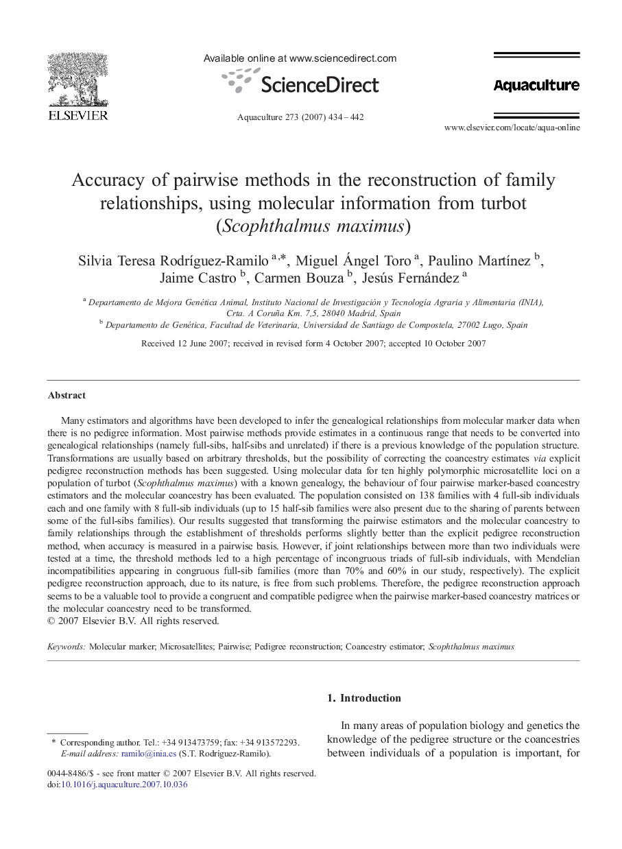 Accuracy of pairwise methods in the reconstruction of family relationships, using molecular information from turbot (Scophthalmus maximus)