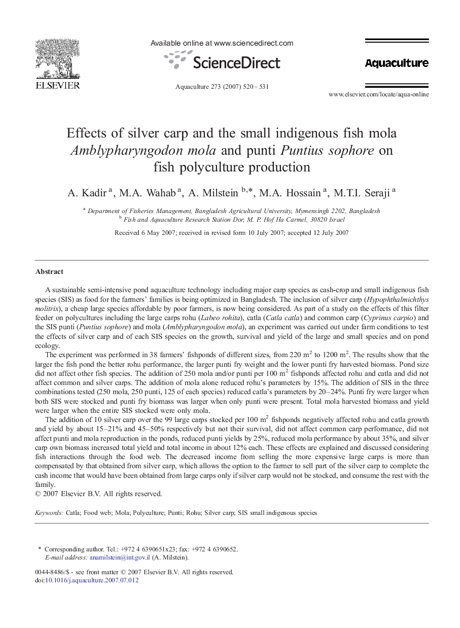 Effects of silver carp and the small indigenous fish mola Amblypharyngodon mola and punti Puntius sophore on fish polyculture production