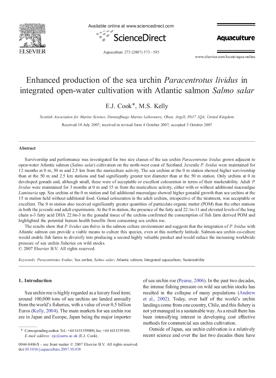 Enhanced production of the sea urchin Paracentrotus lividus in integrated open-water cultivation with Atlantic salmon Salmo salar