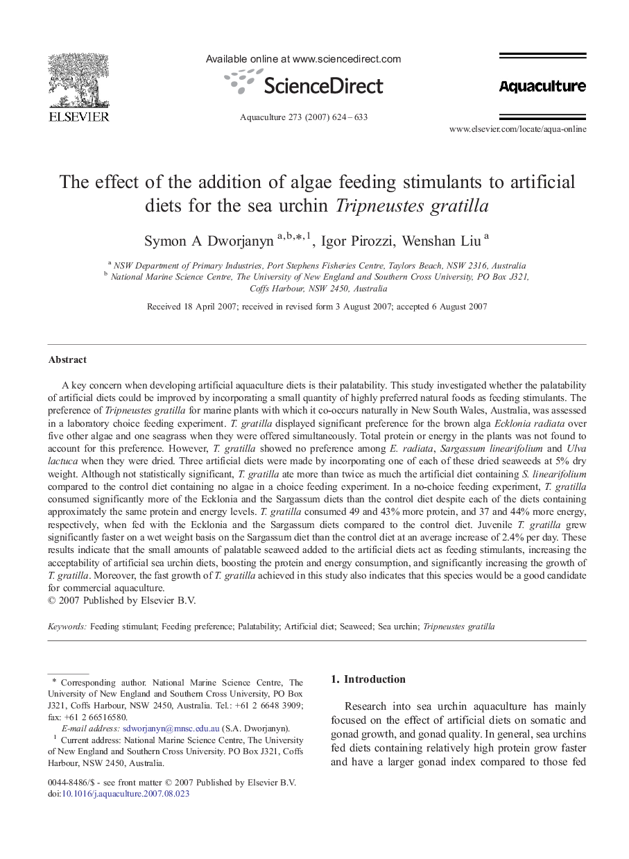 The effect of the addition of algae feeding stimulants to artificial diets for the sea urchin Tripneustes gratilla