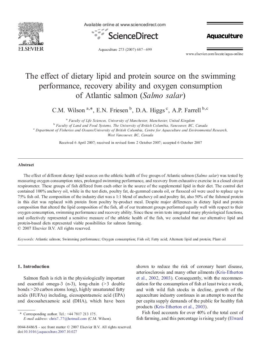 The effect of dietary lipid and protein source on the swimming performance, recovery ability and oxygen consumption of Atlantic salmon (Salmo salar)