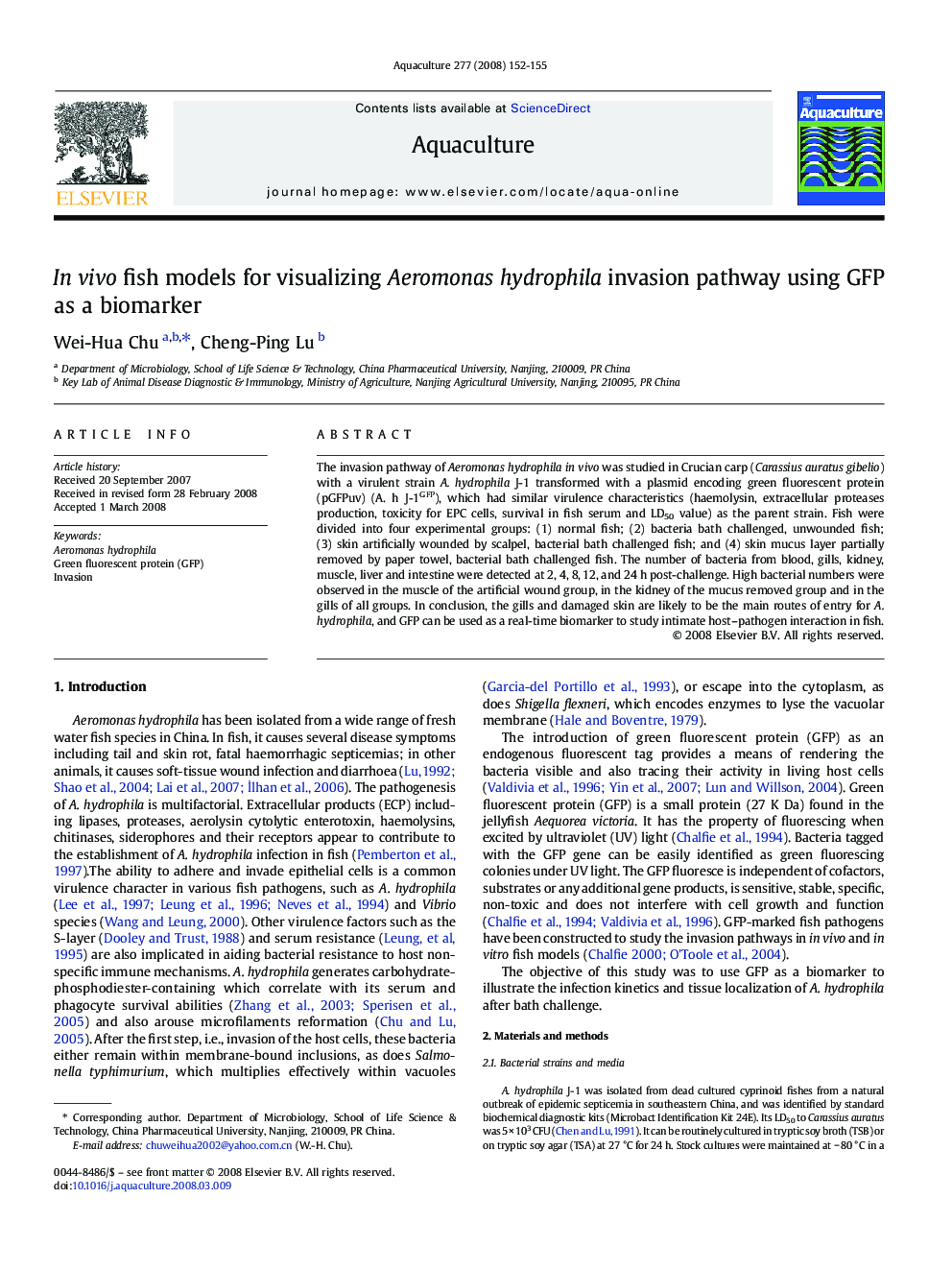 In vivo fish models for visualizing Aeromonas hydrophila invasion pathway using GFP as a biomarker