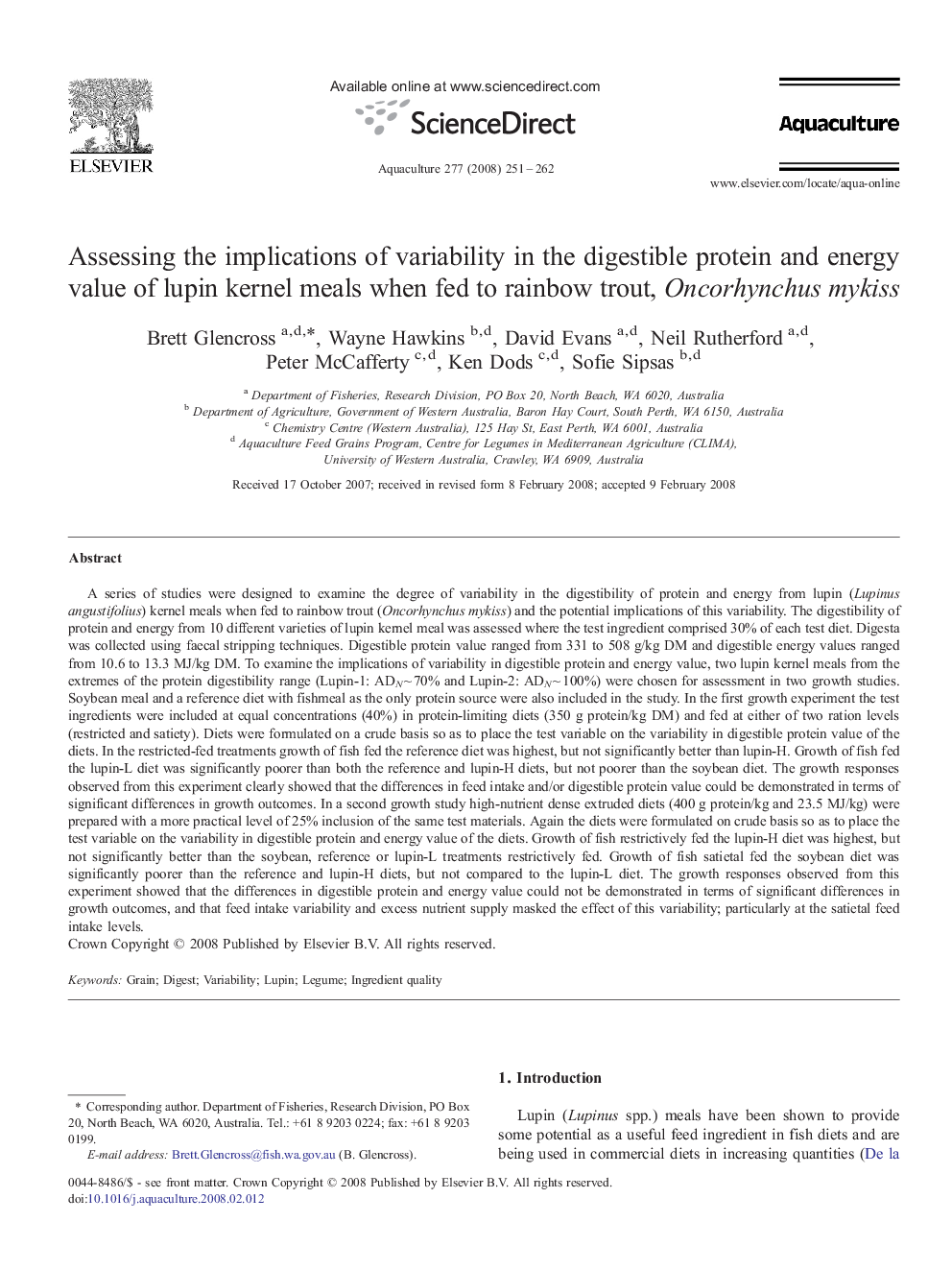 Assessing the implications of variability in the digestible protein and energy value of lupin kernel meals when fed to rainbow trout, Oncorhynchus mykiss