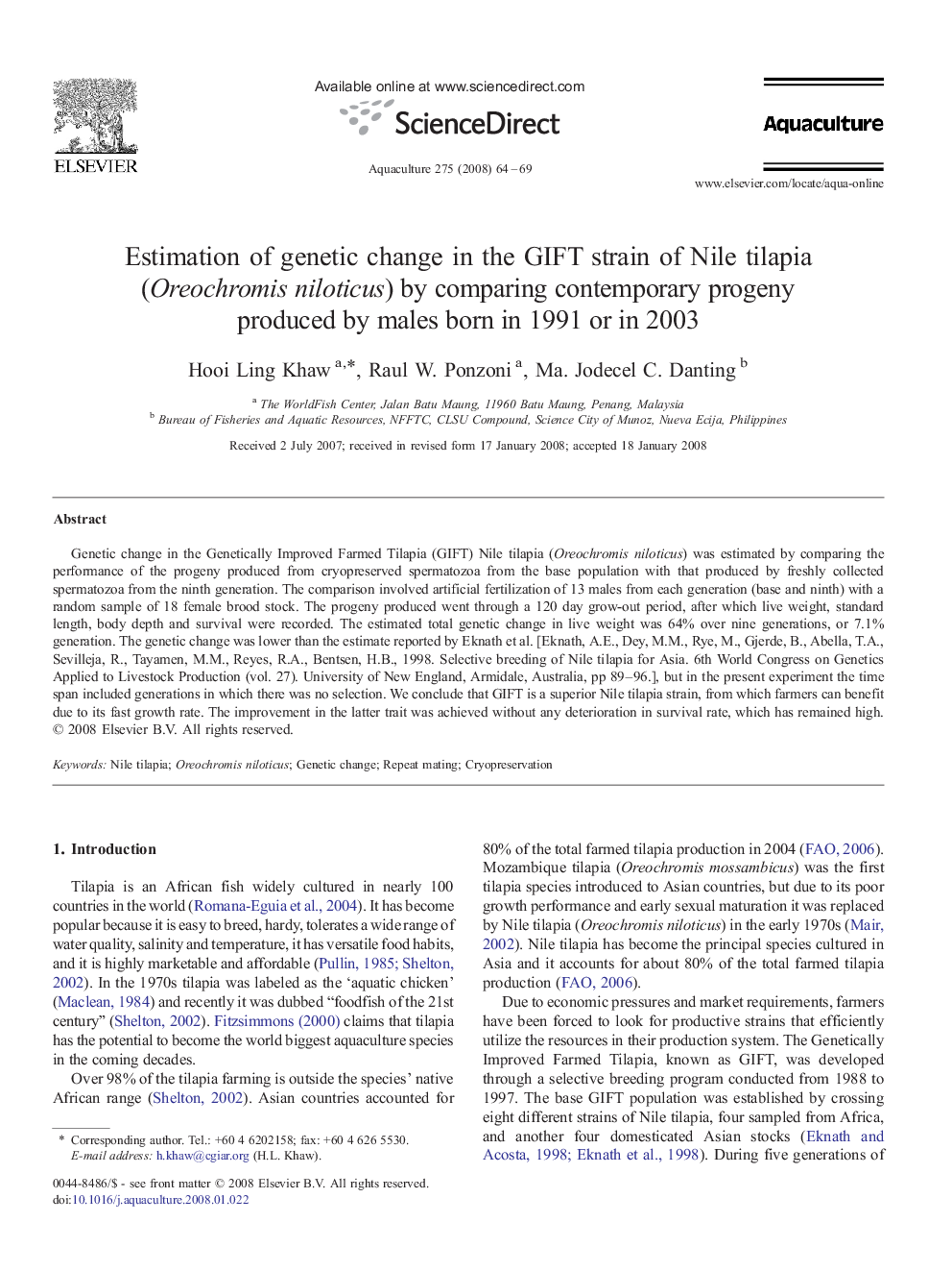 Estimation of genetic change in the GIFT strain of Nile tilapia (Oreochromis niloticus) by comparing contemporary progeny produced by males born in 1991 or in 2003