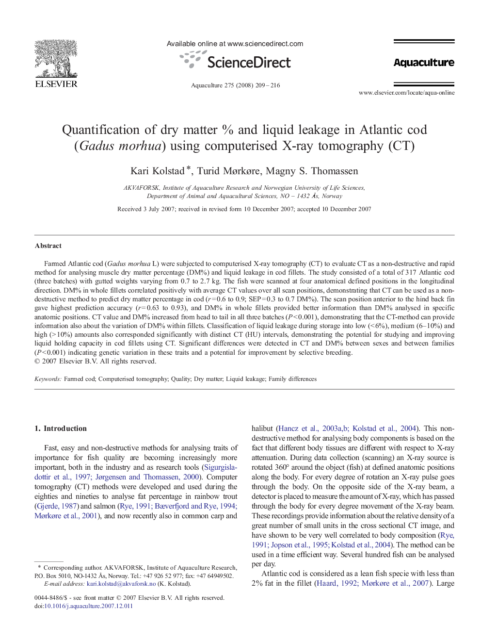 Quantification of dry matter % and liquid leakage in Atlantic cod (Gadus morhua) using computerised X-ray tomography (CT)