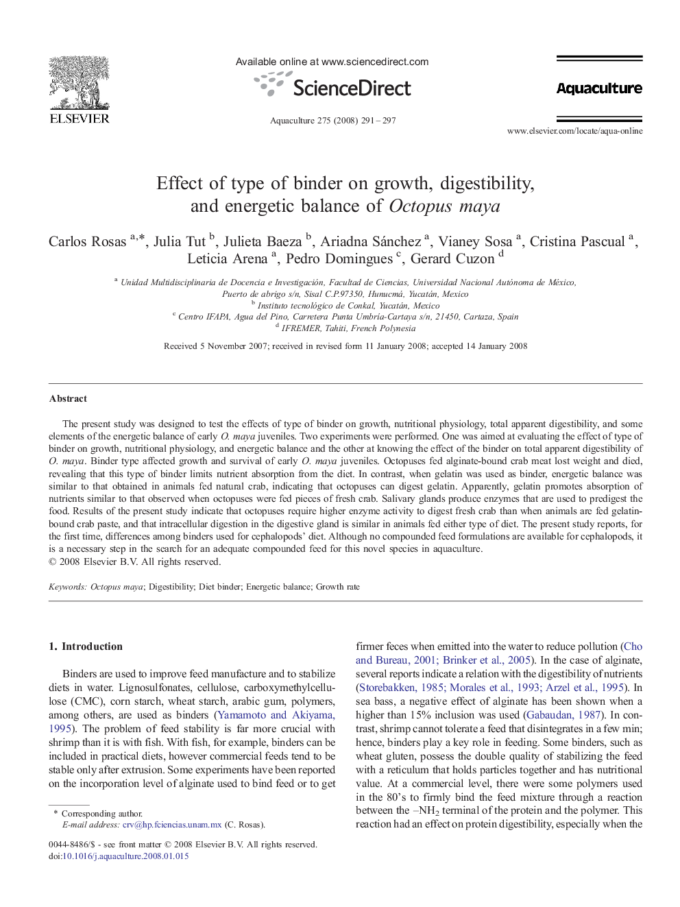 Effect of type of binder on growth, digestibility, and energetic balance of Octopus maya