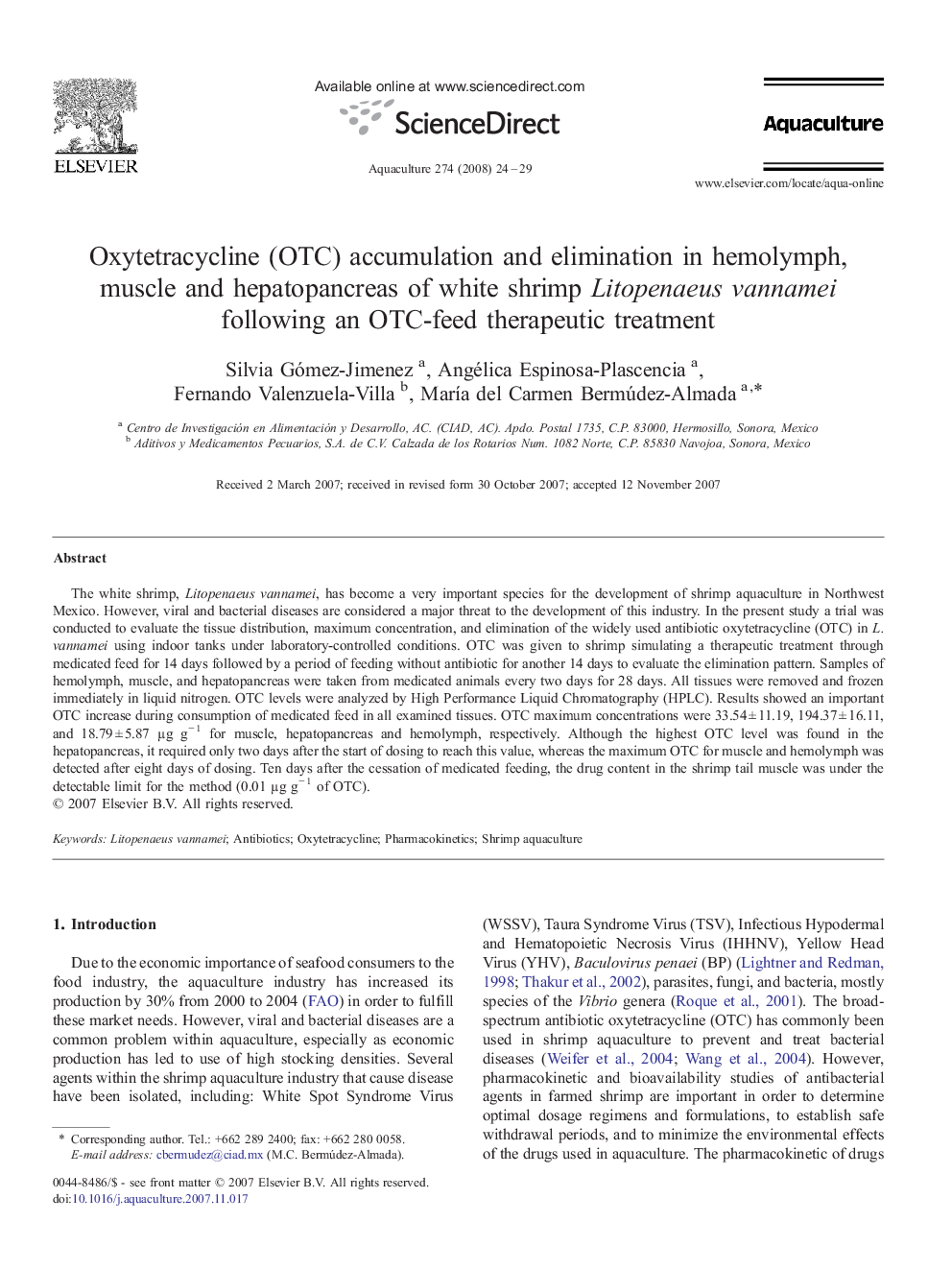 Oxytetracycline (OTC) accumulation and elimination in hemolymph, muscle and hepatopancreas of white shrimp Litopenaeus vannamei following an OTC-feed therapeutic treatment