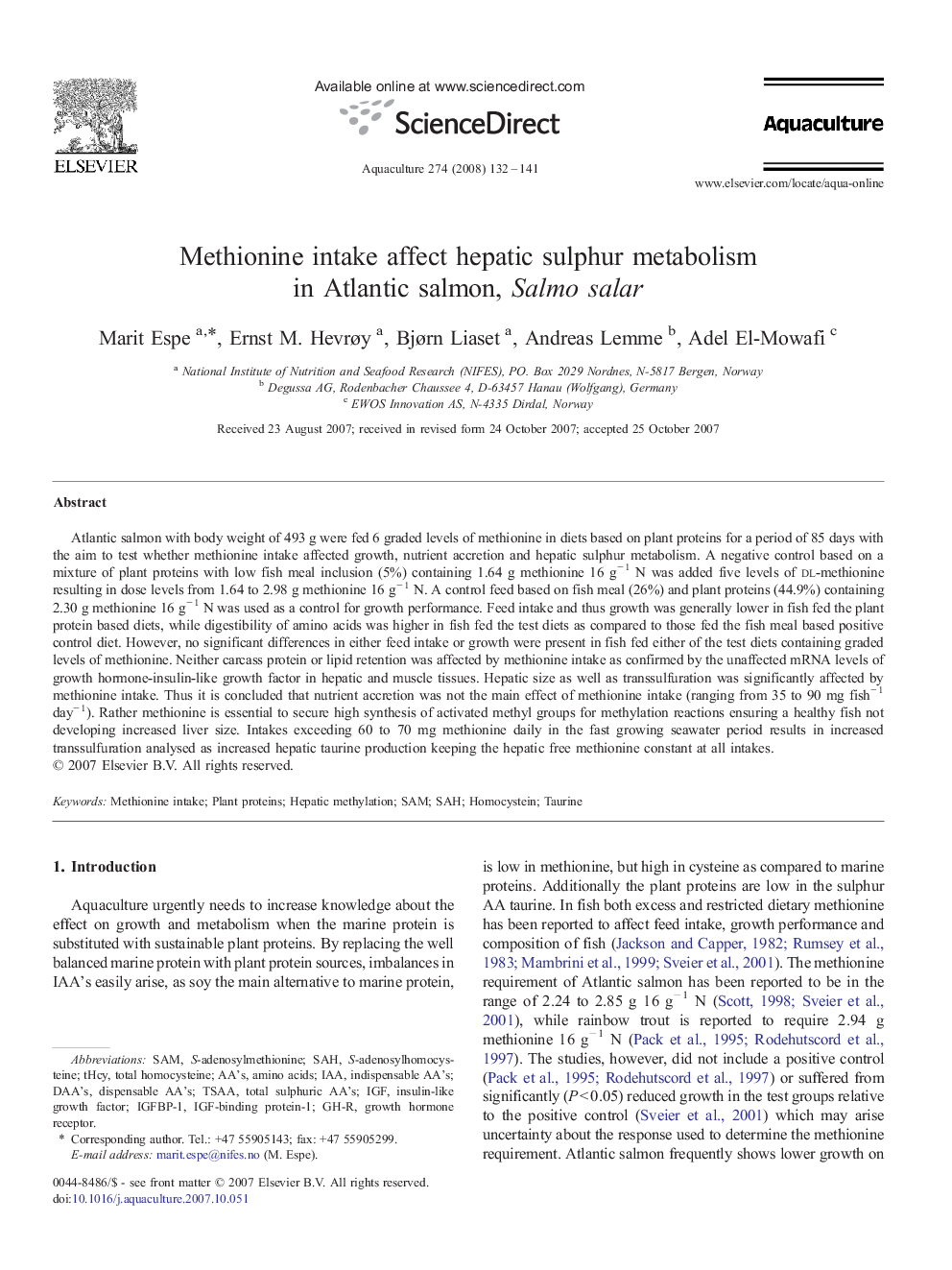 Methionine intake affect hepatic sulphur metabolism in Atlantic salmon, Salmo salar